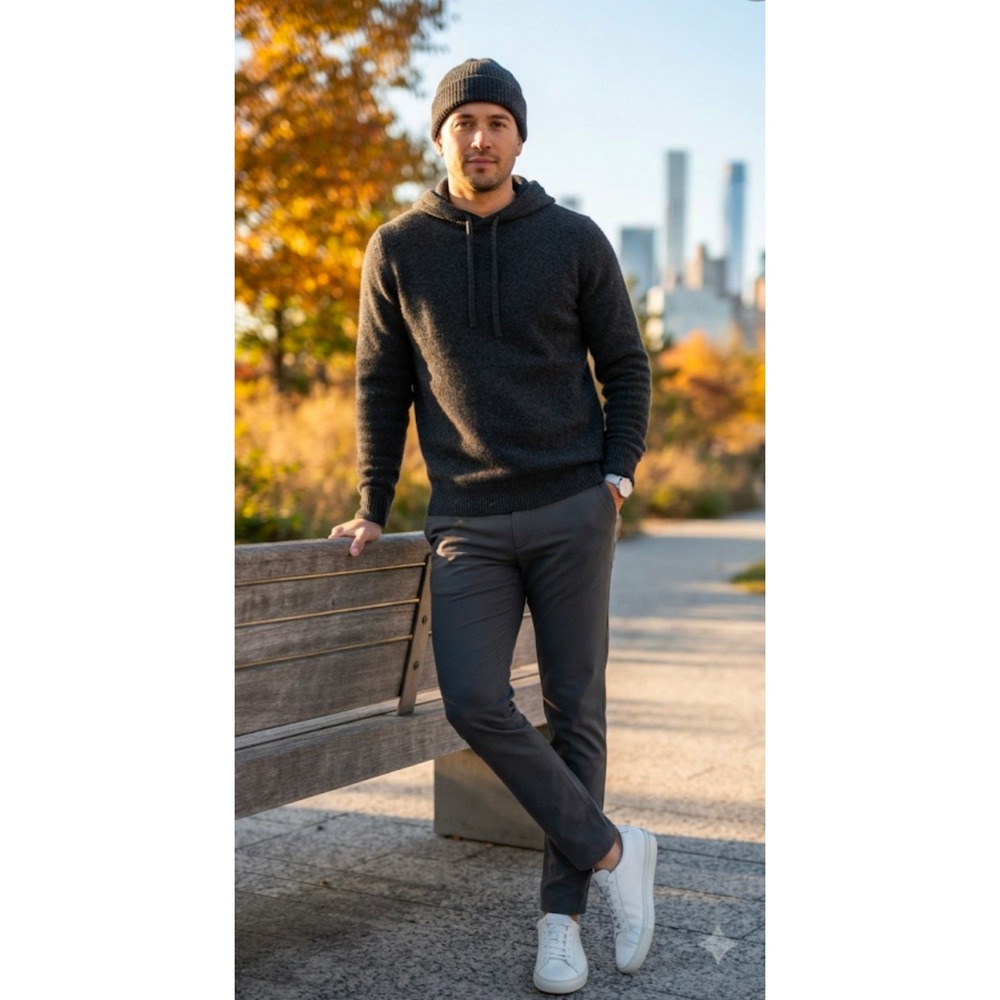 Everlane Men Charcoal Grey Cashmere Hoodie Knit Sweater Large EUC